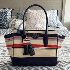 Coach Beige and Red Striped Tote